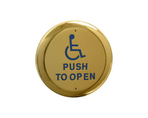 Camden Door Controls CM-40-4-PB 4 1/2' Round Push Plate Switch with 'WHEELCHAIR' Symbol and 'PUSH TO OPEN' in Blue, Polished Brass (US3/605)