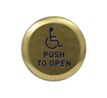 Camden Door Controls CM-40-4-SB 4 1/2' Round Push Plate Switch with 'WHEELCHAIR' Symbol and 'PUSH TO OPEN' in Blue, Satin Brass Finish (US4/606)