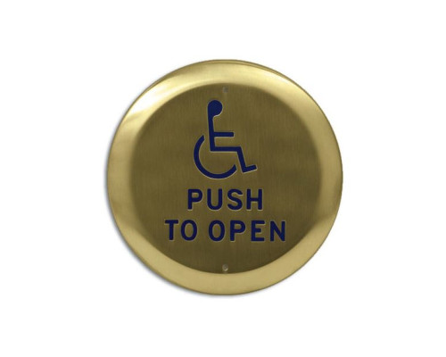 Camden Door Controls CM-40-4-SB 4 1/2' Round Push Plate Switch with 'WHEELCHAIR' Symbol and 'PUSH TO OPEN' in Blue, Satin Brass Finish (US4/606)