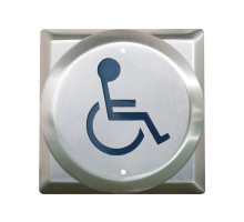 Camden Door Controls CM-41-2-WT 4 1/2' Round Push Plate Switch with Square Back Plate, 'WHEELCHAIR' Symbol, Blue, Boot and Water Tight Coating