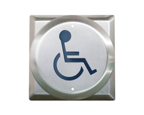 Camden Door Controls CM-41-2-WT 4 1/2' Round Push Plate Switch with Square Back Plate, 'WHEELCHAIR' Symbol, Blue, Boot and Water Tight Coating