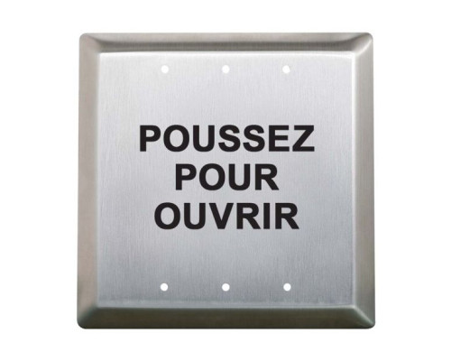 Camden Door Controls CM-45-3FE 4-1/2' Square Push Plate Switch, 'POUSSEZ POUR OUVRIR', Black Graphics