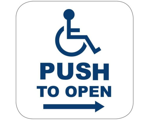 Camden Door Controls CM-45K-4AR 4-1/2' Square Push Plate Switch, Concealed Screws w/ No Battery Kinetic Wireless Transmitter, Wheelchair Symbol & Push to Open w/ Arrow Right, Blue Graphic