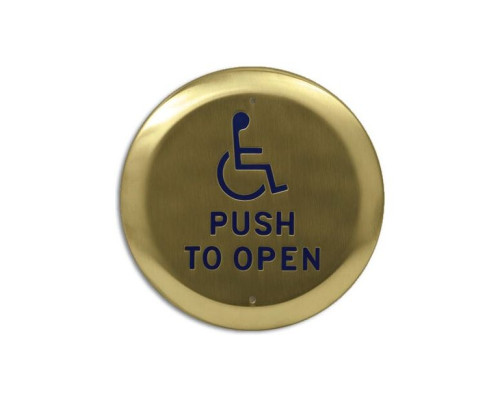 Camden Door Controls CM-46-4-SB 4-1/2' Square Push Plate Switch, Exposed Screws, 'WHEELCHAIR' symbol and 'PUSH TO OPEN', Blue