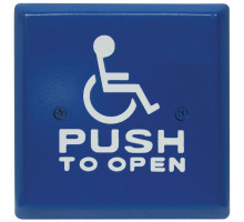 Camden Door Controls CM-46CBK-4 4-1/2' Square Push Plate Switch, Exposed Screws, 'Wheelchair' Symbol and 'Push To Open', Blue