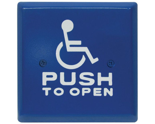 Camden Door Controls CM-46CBK-4 4-1/2' Square Push Plate Switch, Exposed Screws, 'Wheelchair' Symbol and 'Push To Open', Blue