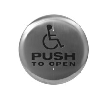 Camden Door Controls CM-60K-4F 6' Stainless Steel Round Push Plate Switch 'WHEELCHAIR' Symbol and 'POUSSEZ POUR OUVRIR', Blue