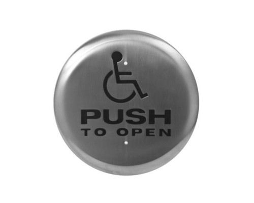 Camden Door Controls CM-60K-4F 6' Stainless Steel Round Push Plate Switch 'WHEELCHAIR' Symbol and 'POUSSEZ POUR OUVRIR', Blue