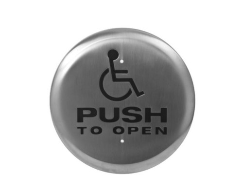 Camden Door Controls CM-60K-4FWT 6' Stainless Steel Round Push Plate Switch 'WHEELCHAIR' Symbol and 'POUSSEZ POUR OUVRIR' Blue