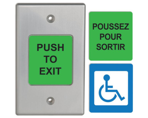 Camden Door Controls CM-9700C Single Gang Faceplate, Switch with 3 English and French Labels ('PUSH TO EXIT', POUSSEZ POUR SORTIR, WHEELCHAIR Symbol)