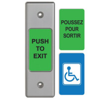 Camden Door Controls CM-9710C Narrow Faceplate, Switch with 3 English and French Labels ('PUSH TO EXIT', POUSSEZ POUR SORTIR, WHEELCHAIR Symbol)