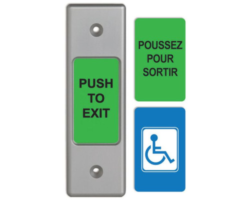 Camden Door Controls CM-9710C Narrow Faceplate, Switch with 3 English and French Labels ('PUSH TO EXIT', POUSSEZ POUR SORTIR, WHEELCHAIR Symbol)