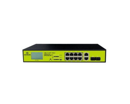 Syncom CMA-FG10P-150LX 8 Port Fast Ethernet PoE Switch with 2 Port Gigabit Combo Uplinks. LED Display