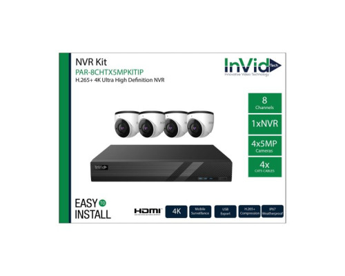 InVid PAR-8CHTX5MPKITIP 8 Channel NVR with 4 5MP Cameras 4 Cables NDAA Compliant