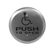 Camden Door Controls CM-60K-4FWT 6' Stainless Steel Round Push Plate Switch 'WHEELCHAIR' Symbol and 'POUSSEZ POUR OUVRIR' Blue