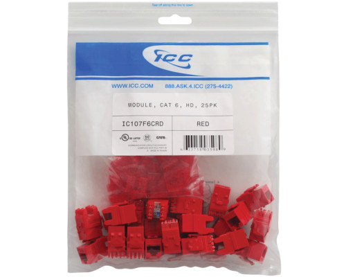 ICC IC107F6CRD HD CAT 6 Keystone Jacks, 25-Pk, Red