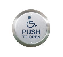 Camden Door Controls CM-40K-4 4-1/2' Stainless Steel Round Push Plate Switch 'WHEELCHAIR' Symbol and 'PUSH TO OPEN', Blue