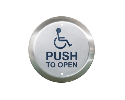 Camden Door Controls CM-40K-4 4-1/2' Stainless Steel Round Push Plate Switch 'WHEELCHAIR' Symbol and 'PUSH TO OPEN', Blue