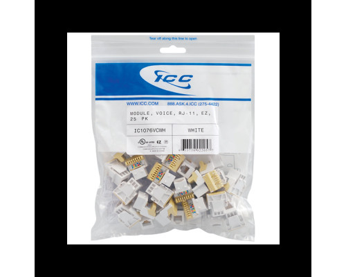 ICC IC1076VCWH EZ RJ-11 Keystone Jacks, 25-Pk., White