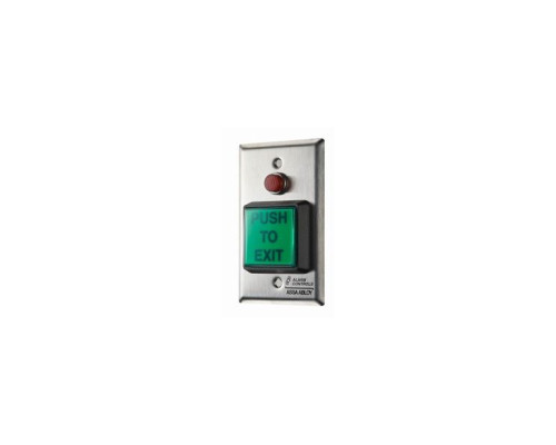 Alarm Controls TS-3-2T UL 2' Square Green Illuminated Push Button with 1/2' Red LED, “PUSH TO EXIT', 2 SPDT 10A Continuous Contacts, Single Gang, Stainless Steel Plate with Timer