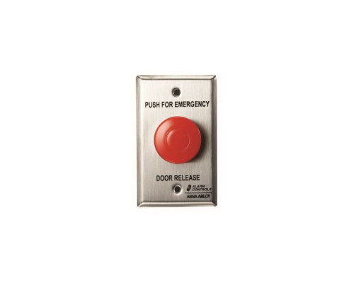 Alarm Controls TS-32 Single Gang 1.5' Diameter Red Mushroom Button, 'EMERGENCY DOOR RELEASE', Stainless Steel Wall Plate