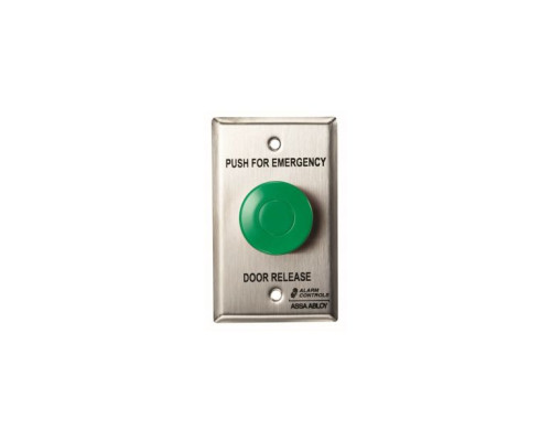 Alarm Controls TS-32G Single Gang 1.5' Diameter Green Mushroom Button, 'EMERGENCY DOOR RELEASE', Stainless Steel Wall Plate