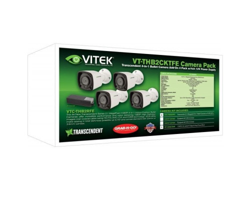 Vitek VT-THB2CKTFE-2 HD-TVI/AHD/CVI/CVBS 1080P Fixed Bullet Camera 4 Pack Includes VTC-THB2RFE-2 with 2.8mm Lens & VT-1205A-D4K 12VDC Power Block