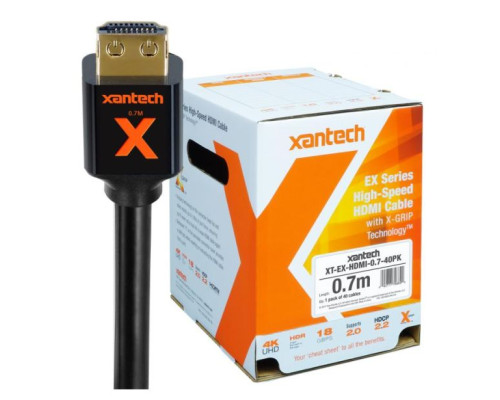 Linear XT-EX-HDMI-0-7-40PK Xantech EX Series Bulk Pack (40) - High-speed HDMI Cable with X-GRIP Technology, 0.7 Meter