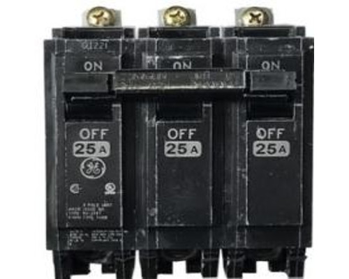 GE THQB32025, Bolt On Circuit Breaker, 3 Pole, 25 Amp, 240 VAC, 10 kA