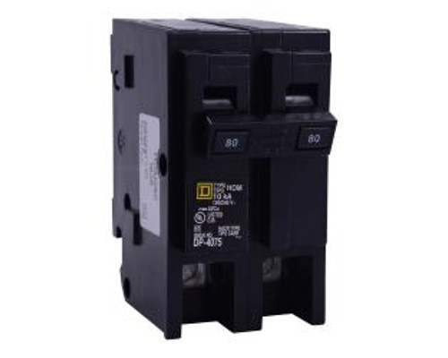 Square D HOM280, Mini Plug On Circuit Breaker, 2 Pole, 80 Amp, 120/240 VAC, 10 kA