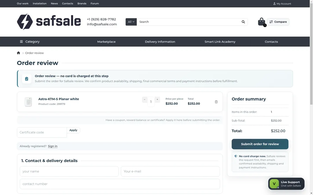 Safsale order review page showing no card charge notice and submit order for review button