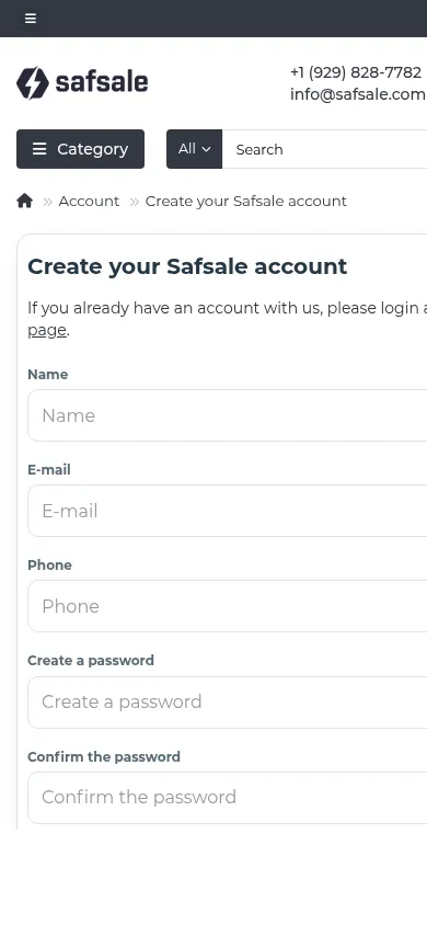Safsale account registration on a mobile phone