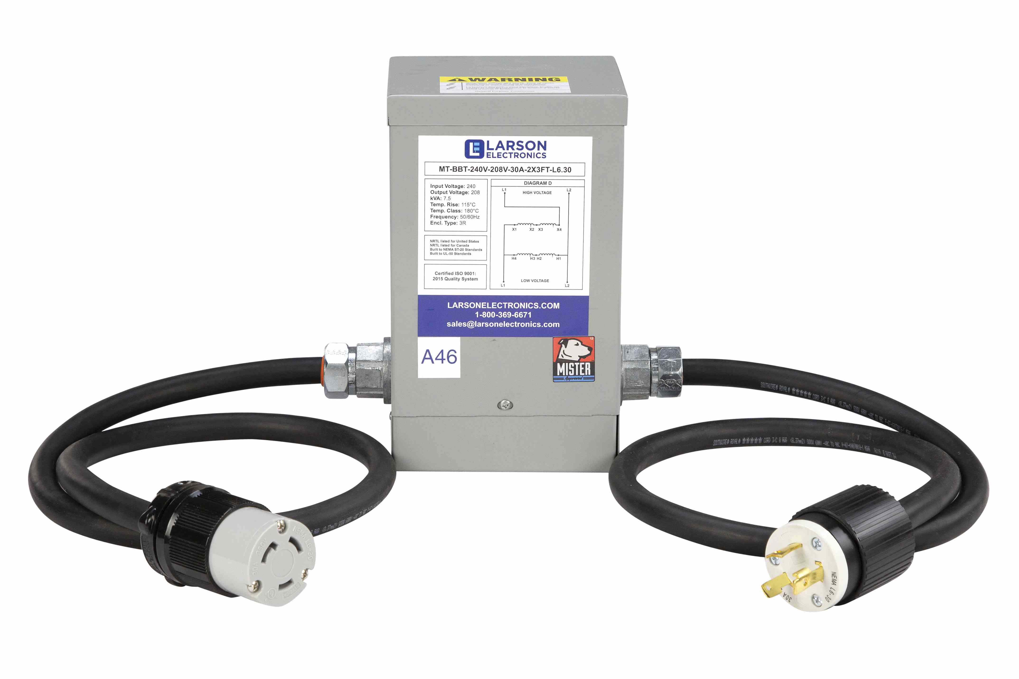 1-Phase Buck/Boost Step-Down Prewired Transformer - 215V Primary - 208V Secondary - 30 Amps - 50/60Hz - Taps