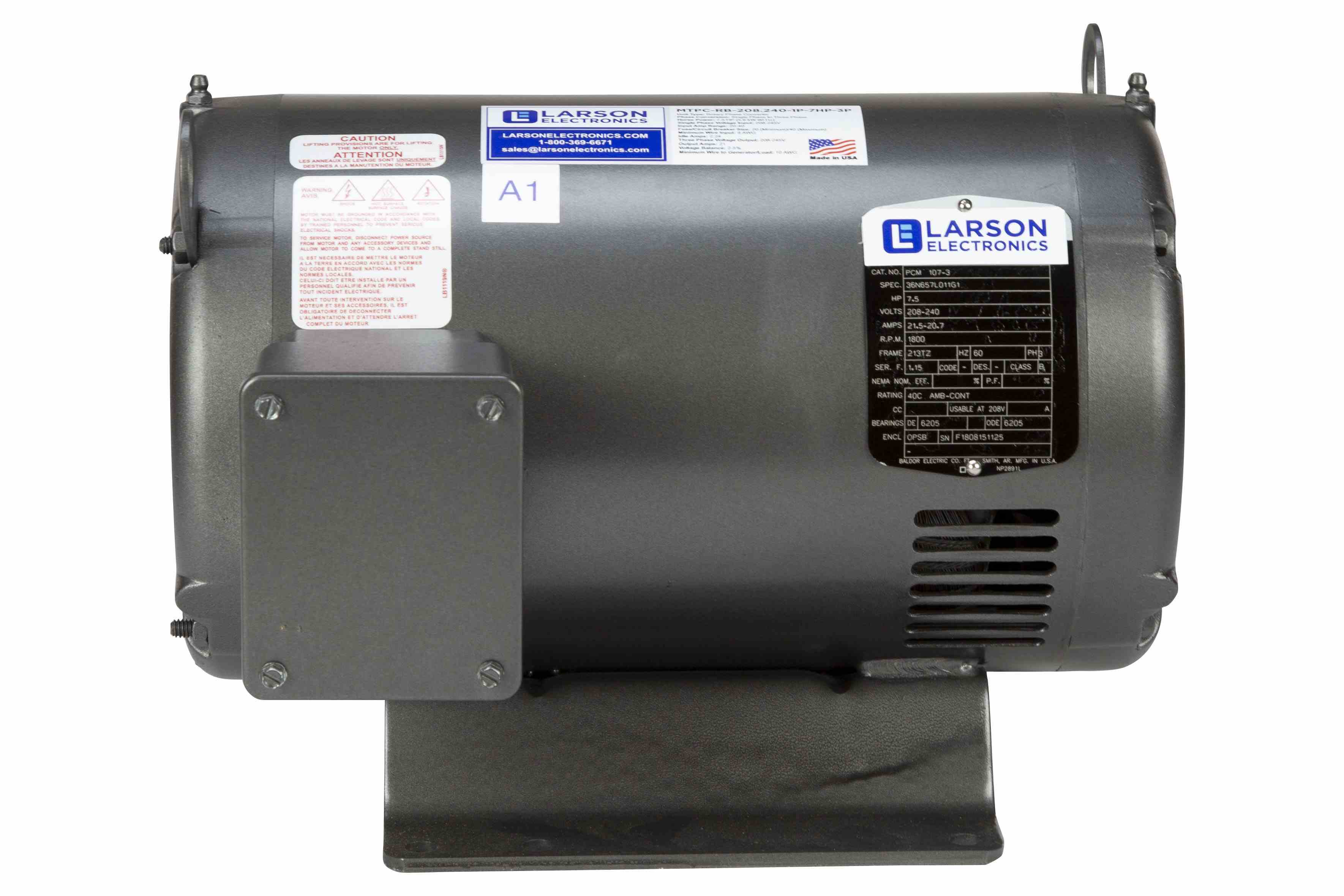 Rotary Phase Converter for 7.5HP Easy Loads, 600V 1PH to 3PH, 3.92 Amps Output, 10HP Idler, NEMA 1