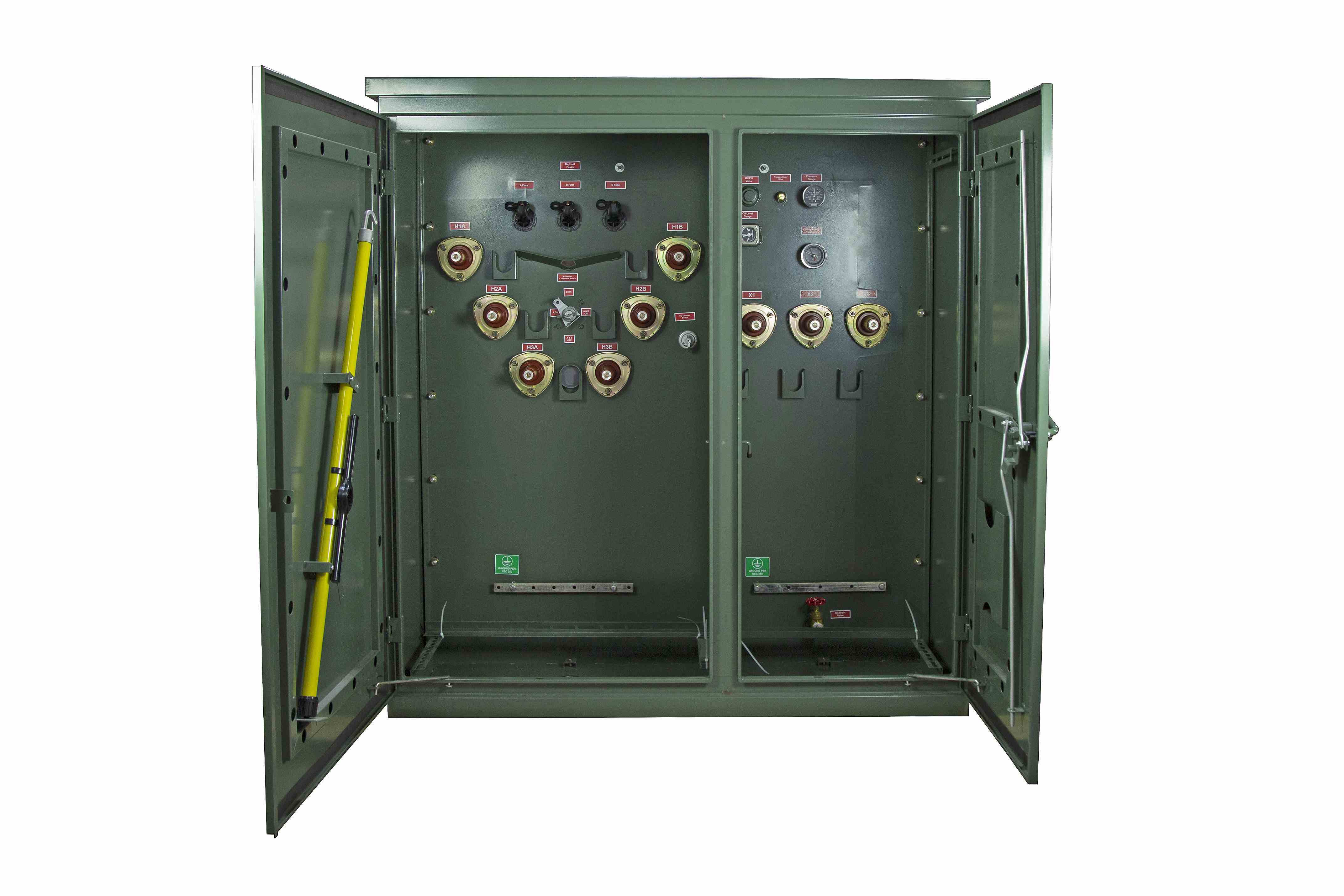 10 MVA Pad Mount Transformer - 69000V Delta Primary, 15000 Delta Secondary, KNAN, Bell Green, NEMA 4X Cabinet