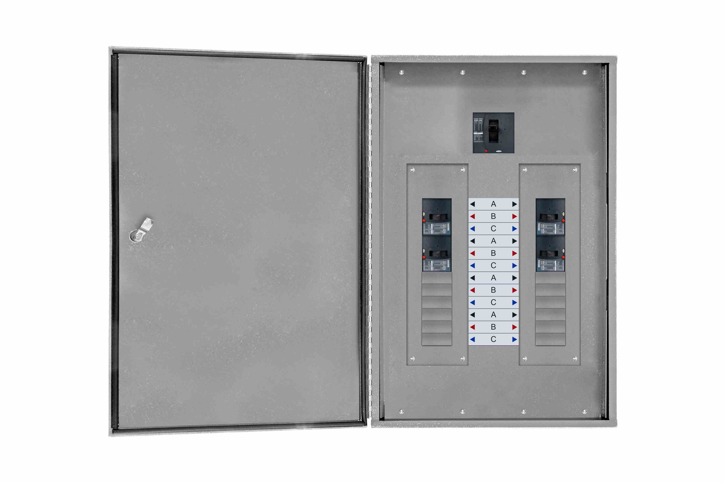 225A Power Panelboard, 3PH Main Breaker Panel, 54 Circuit, 208Y/120 (54) 20A 1P Breakers, NEMA 3R, Top Feed, Wall Mount