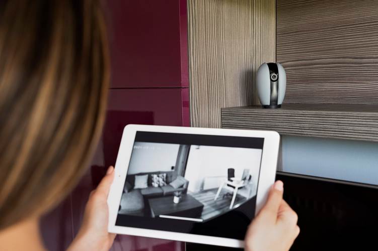Person viewing a home security camera image on a tablet